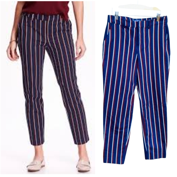 Old Navy Stripes (Navy/White/Burgundy) Relaxed Mid-Rise Women's Pants - Picture 1 of 15
